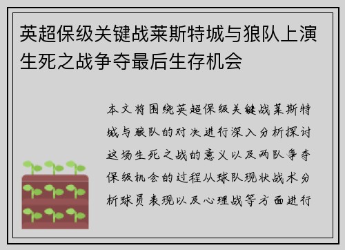 英超保级关键战莱斯特城与狼队上演生死之战争夺最后生存机会 英超保级关键战莱斯特城与狼队上演生死之战争夺最后生存机会